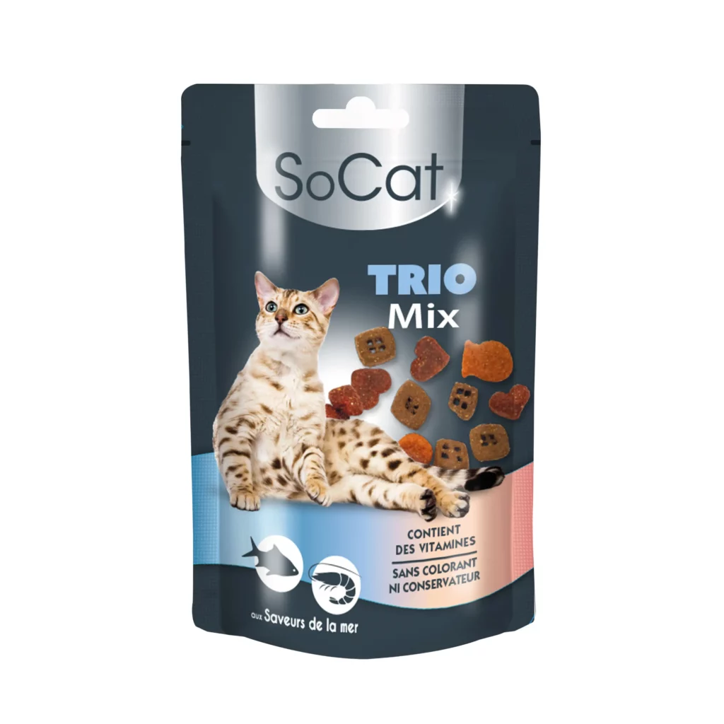 Assortiment de friandises colorées truite saumon crevette pour chat SoCat Trio Mix